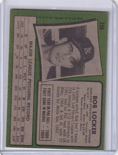 Topps Baseball card of Bob Locker from the Oakland Athletics, 1971 edition