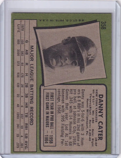 Vintage baseball card of Danny Cater from 1971 Topps Baseball featuring New York Yankees