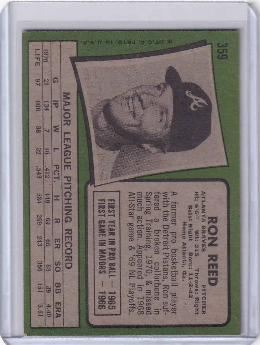 1971 Topps Baseball #359 Ron Reed - Atlanta Braves