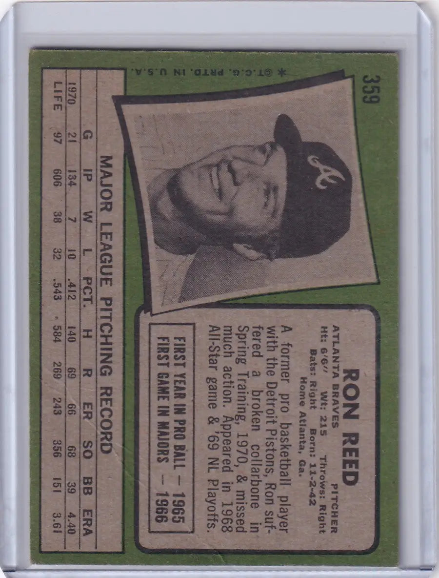 1971 Topps Baseball #359 Ron Reed - Atlanta Braves