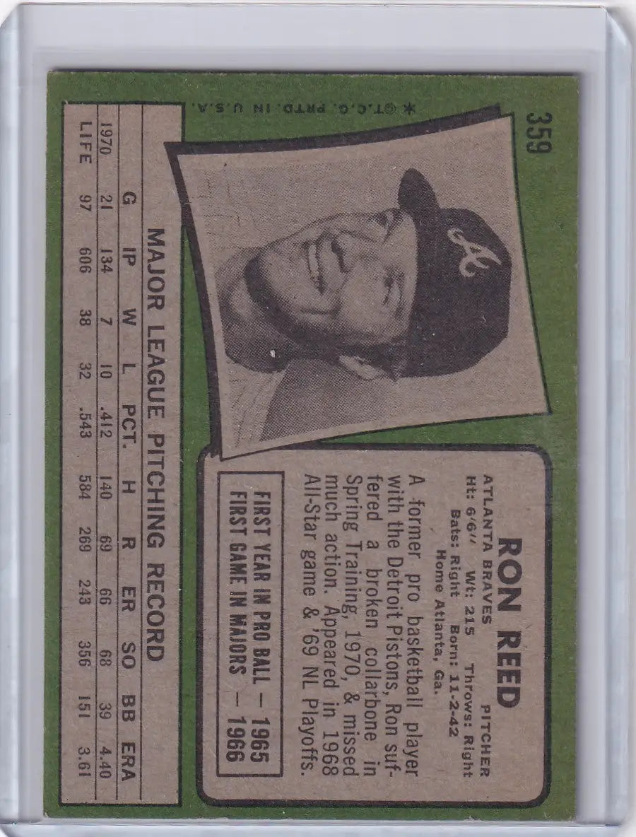 1971 Topps Baseball #359 Ron Reed - Atlanta Braves
