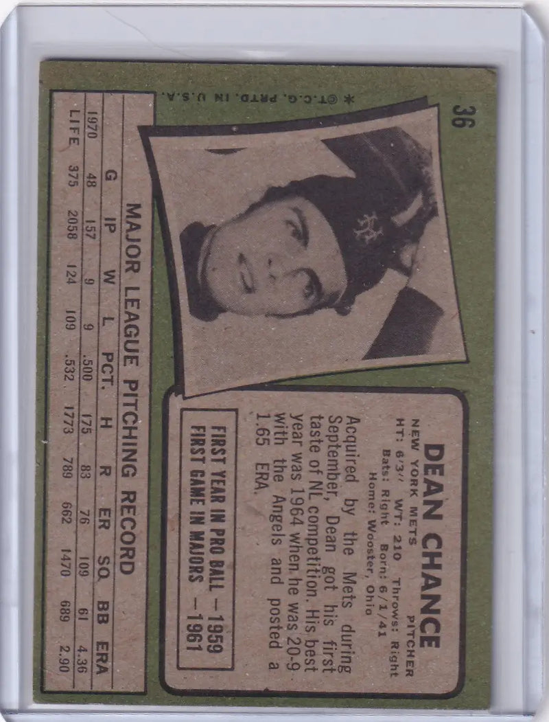 1971 Topps Baseball #36 Dean Chance - New York Mets