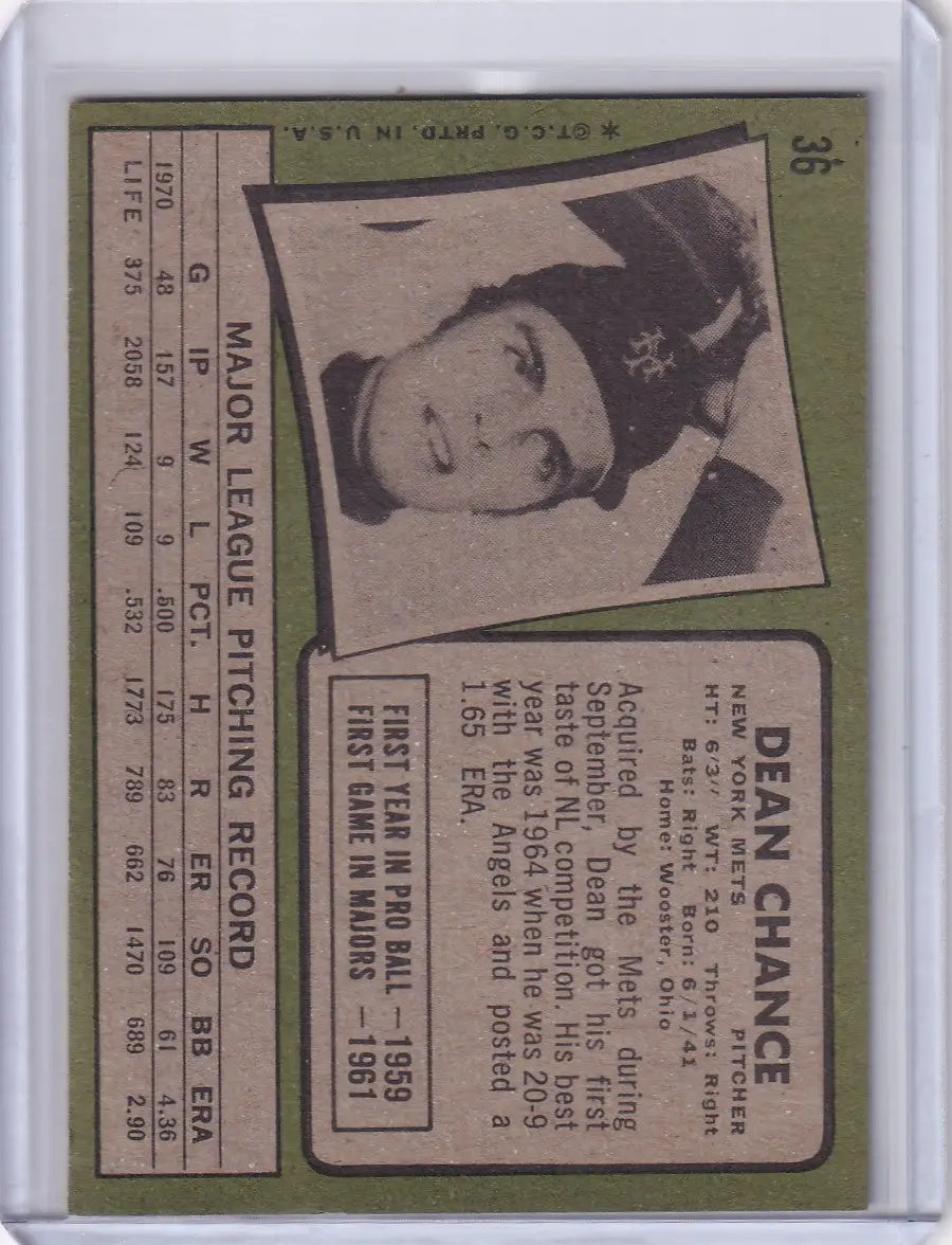 Vintage Topps Baseball card of Dean Chance, New York Mets player in black and white