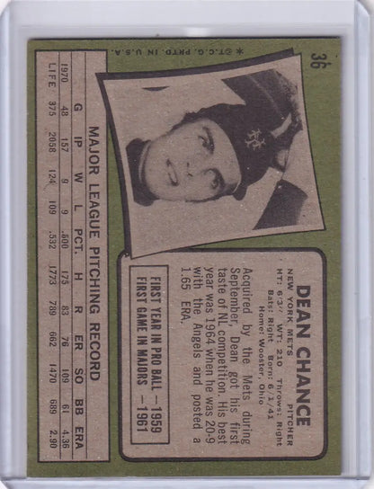 Vintage Topps Baseball card of Dean Chance, New York Mets player in black and white