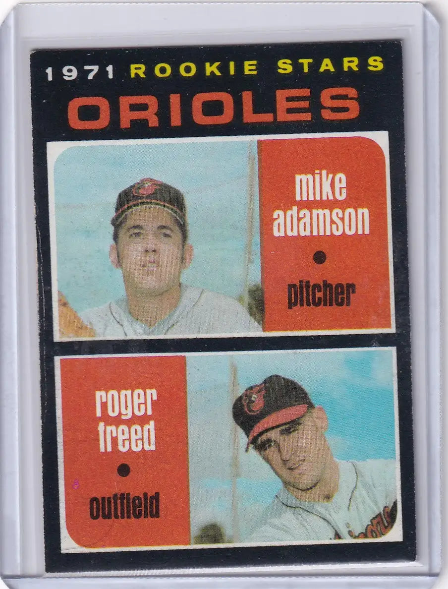 1971 Topps Baseball card of Orioles rookies Mike Adamson and Roger Freed
