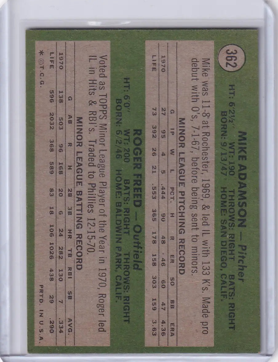 1971 Topps Baseball #362 Orioles Rookies - Mike Adamson / Roger Freed RC