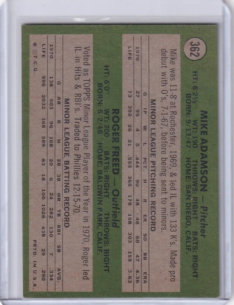 1971 Topps Baseball #362 Orioles Rookies - Mike Adamson / Roger Freed RC