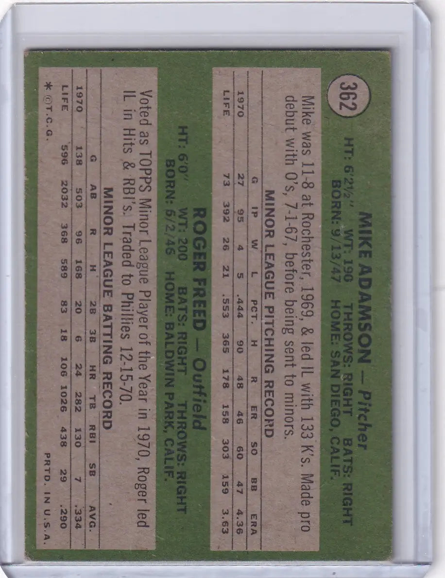 1971 Topps Baseball #362 Orioles Rookies - Mike Adamson / Roger Freed RC - Baseball Card Single