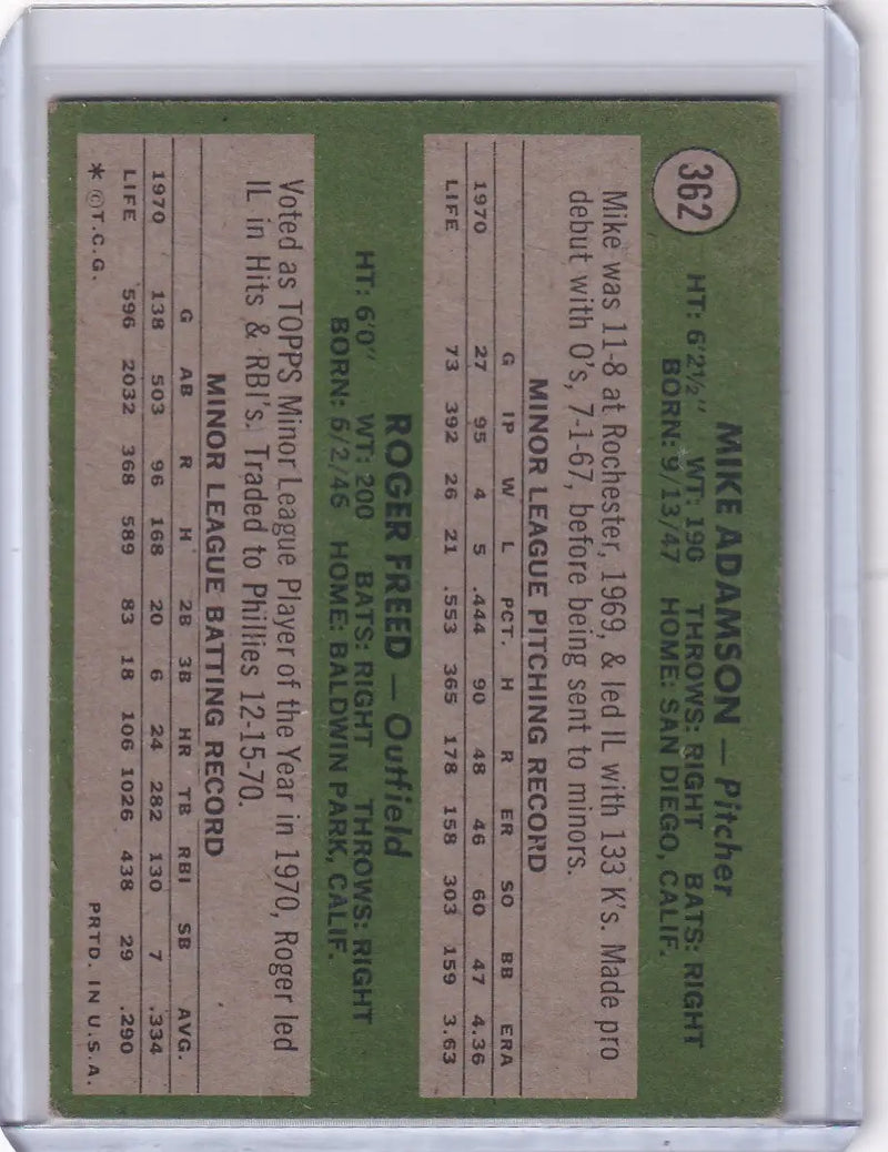 1971 Topps Baseball #362 Orioles Rookies - Mike Adamson / Roger Freed RC - Baseball Card Single