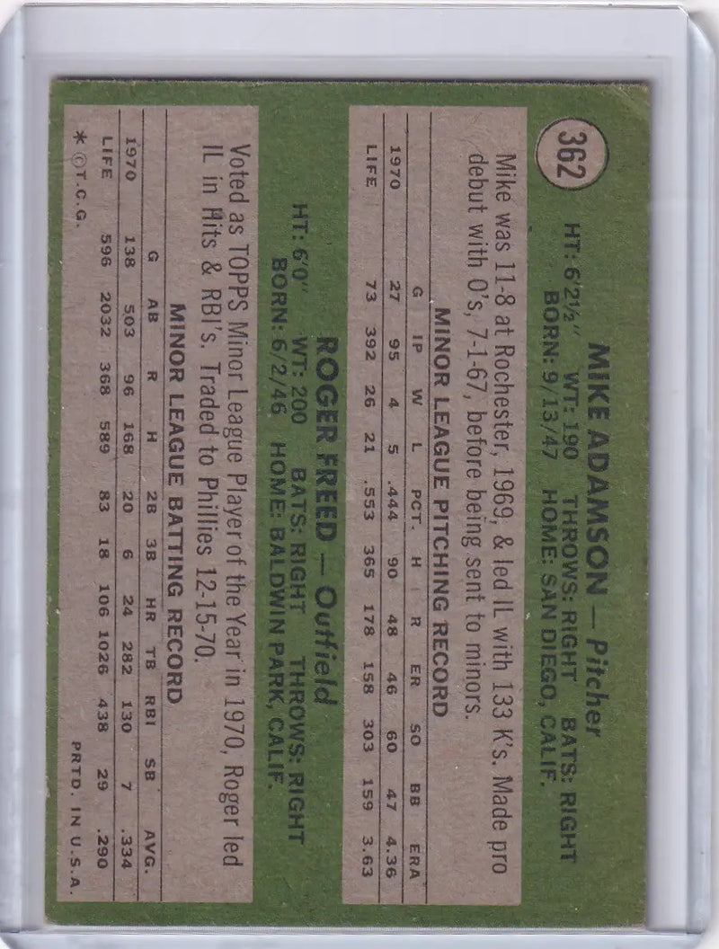 1971 Topps Baseball #362 Orioles Rookies - Mike Adamson / Roger Freed RC