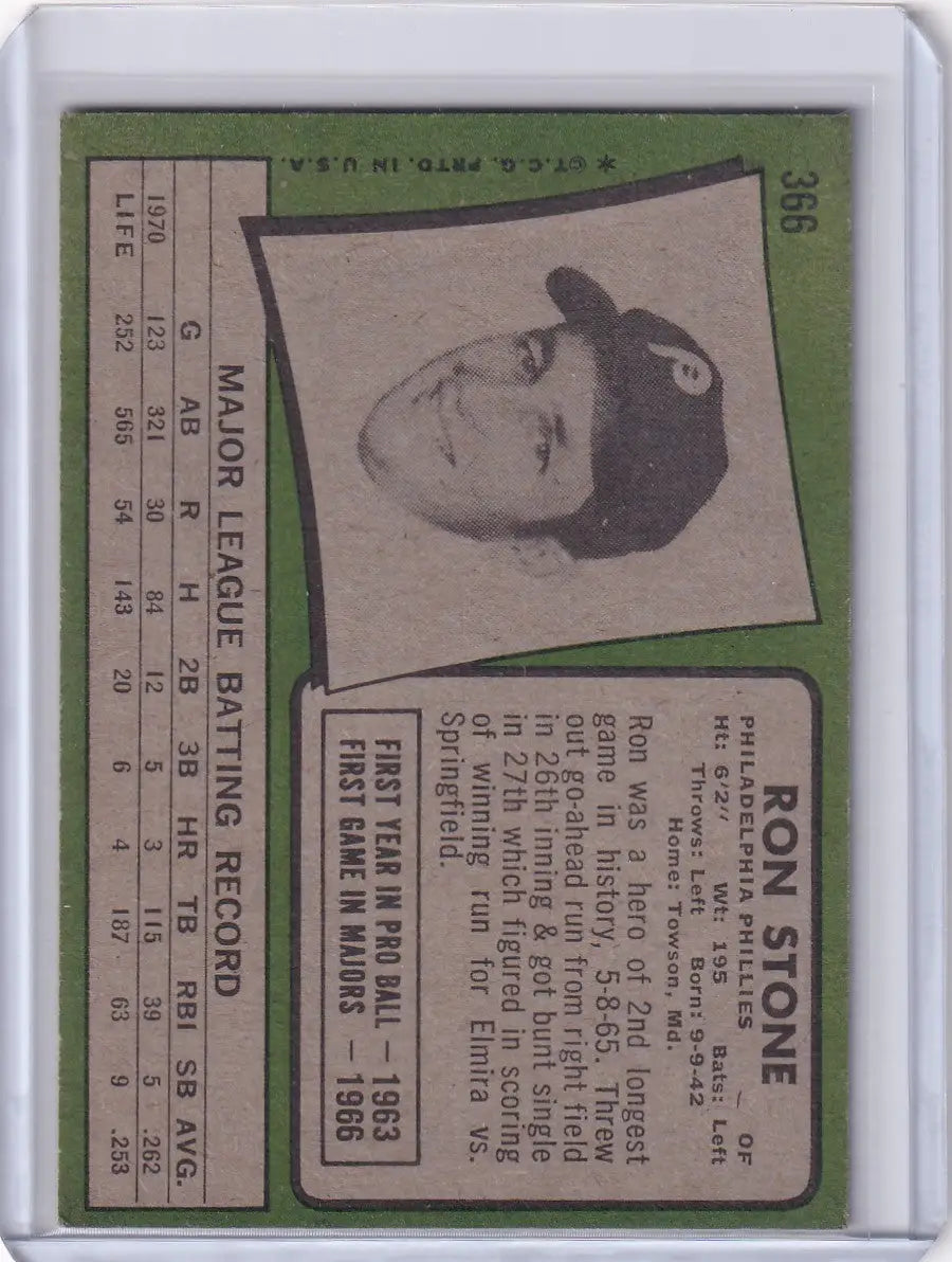 1971 Topps Baseball #366 Ron Stone - Philadelphia Phillies