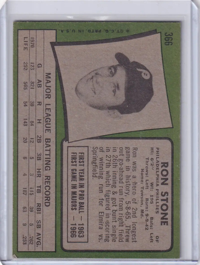 1971 Topps Baseball #366 Ron Stone - Philadelphia Phillies