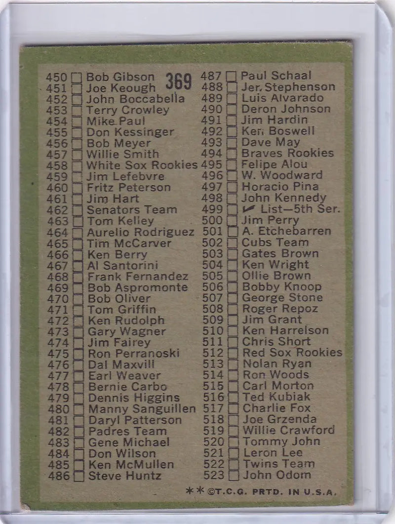 1971 Topps Baseball #369 Checklist (#394-523)