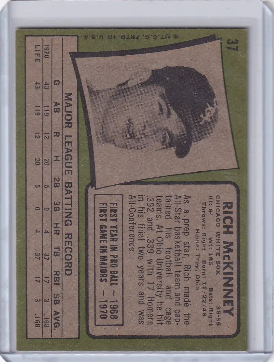 1971 Topps Baseball #37 Rich McKinney - Chicago White Sox RC - Baseball Card Single
