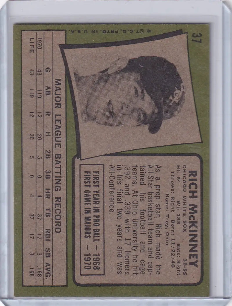 1971 Topps Baseball #37 Rich McKinney - Chicago White Sox RC - Baseball Card Single
