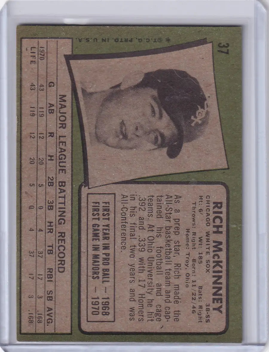Vintage Topps Baseball card of Rich McKinney, Chicago White Sox RC with player stats