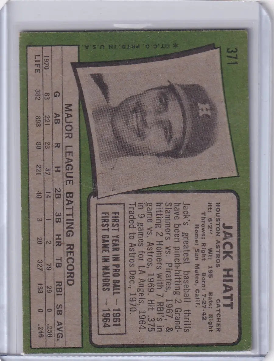 Baseball card of Jack Hiatt from Topps Baseball, featuring a smiling portrait on green