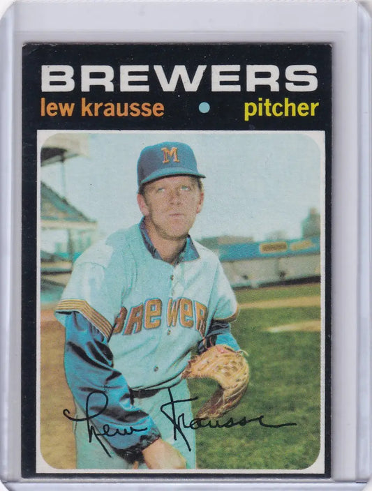 1971 Topps Baseball card of Lew Krausse in light blue uniform for Milwaukee Brewers