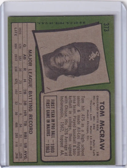 Baseball card of Tom McCraw from 1971 Topps Baseball Chicago White Sox on green background