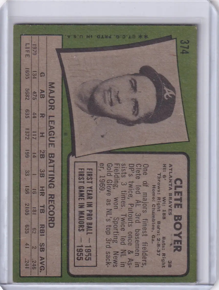 1971 Topps Baseball #374 Clete Boyer - Atlanta Braves