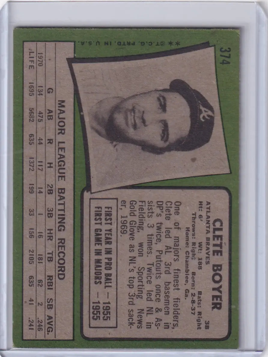 1971 Topps Baseball #374 Clete Boyer - Atlanta Braves