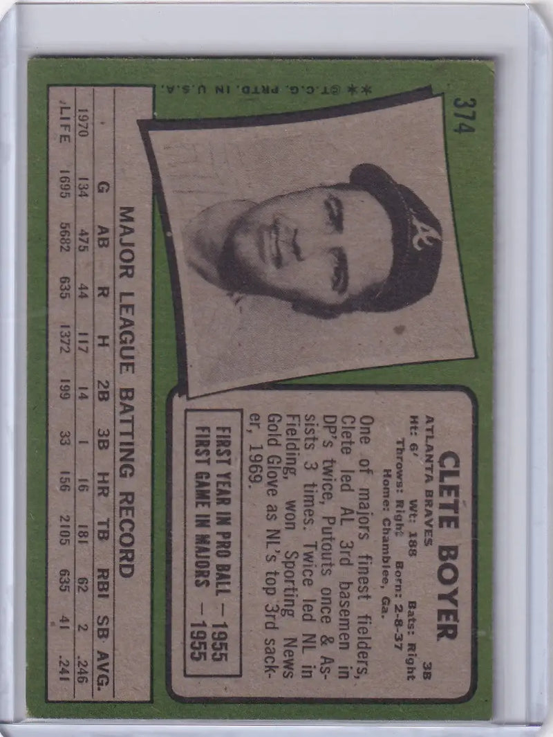 1971 Topps Baseball #374 Clete Boyer - Atlanta Braves
