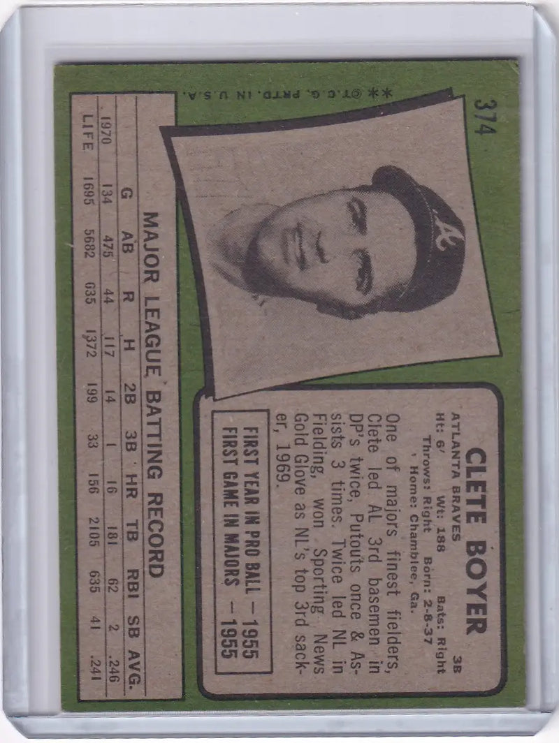 1971 Topps Baseball #374 Clete Boyer - Atlanta Braves - Baseball Card Single