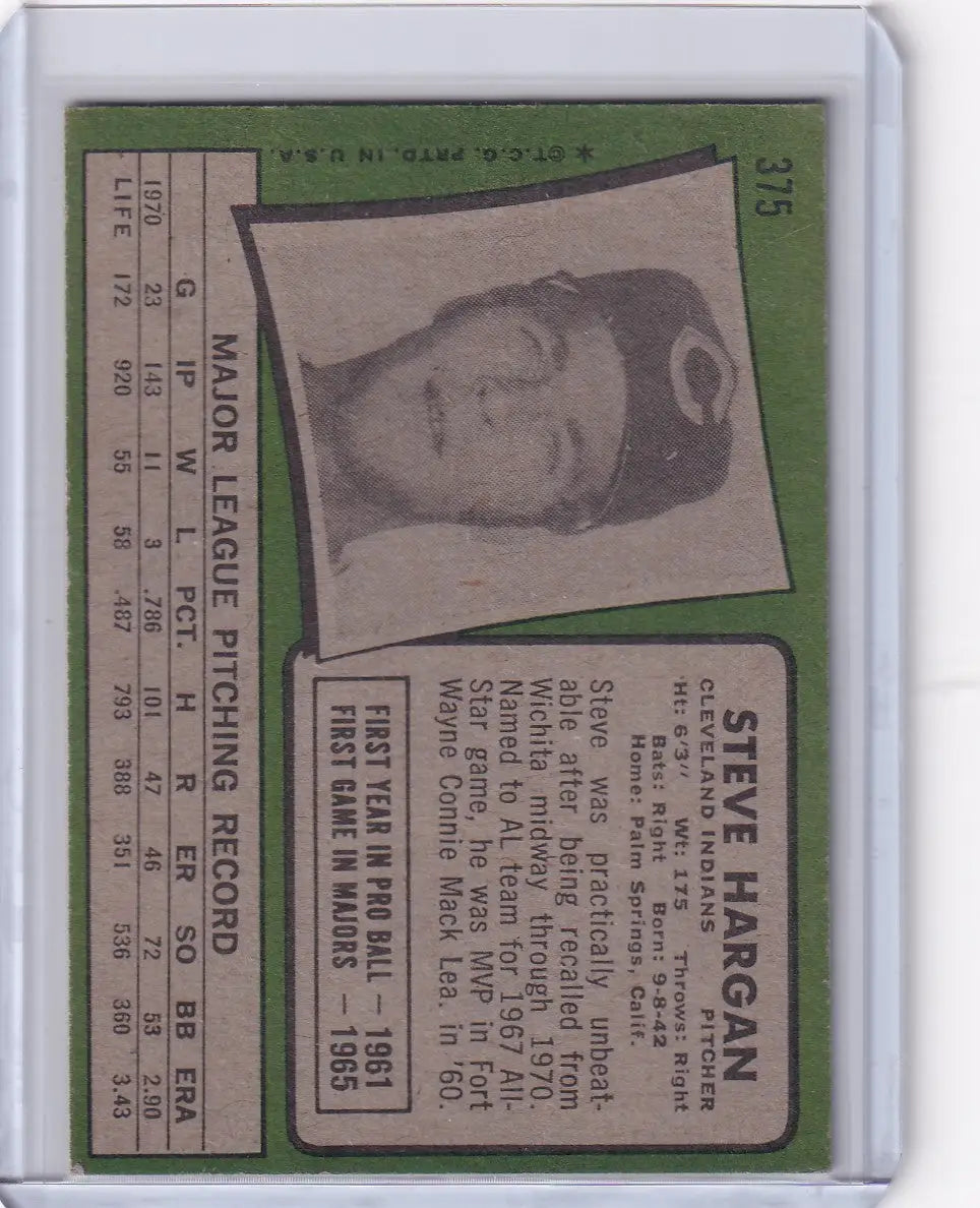 1971 Topps Baseball #375 Steve Hargan - Cleveland Indians