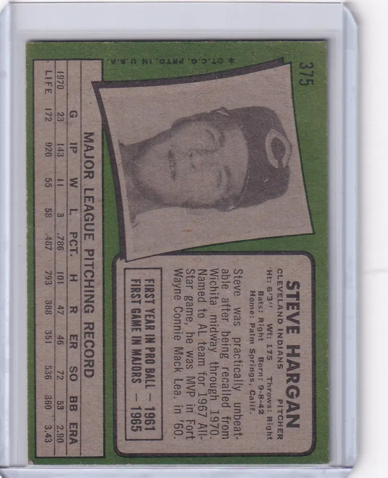 1971 Topps Baseball #375 Steve Hargan - Cleveland Indians