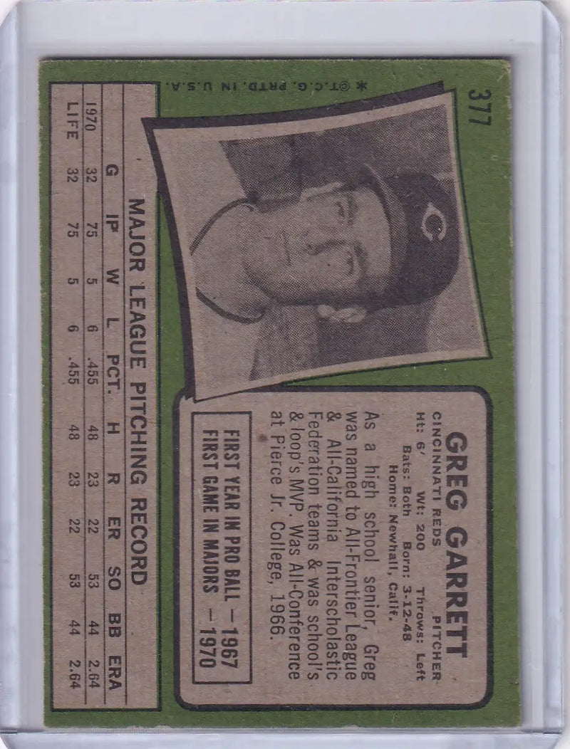 1971 Topps Baseball #377 Greg Garrett - Cincinnati Reds