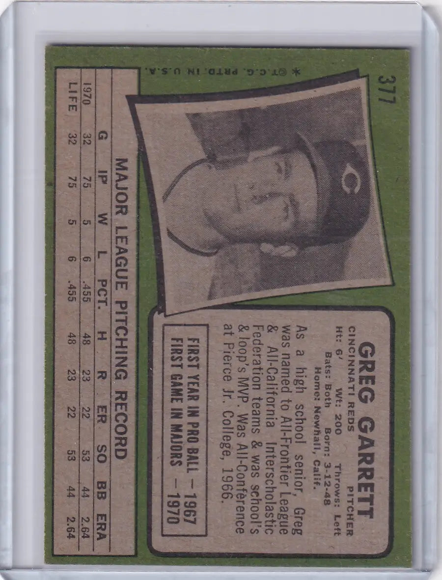 1971 Topps Baseball #377 Greg Garrett - Cincinnati Reds