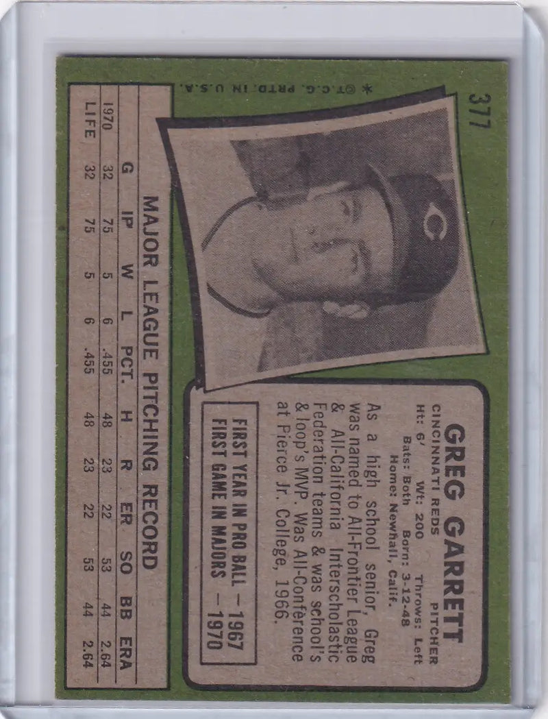 1971 Topps Baseball #377 Greg Garrett - Cincinnati Reds