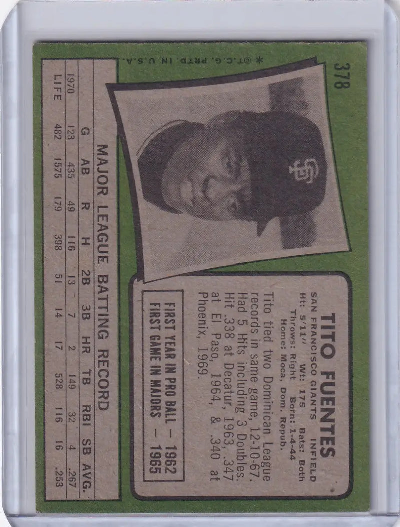 1971 Topps Baseball #378 Tito Fuentes - San Francisco Giants