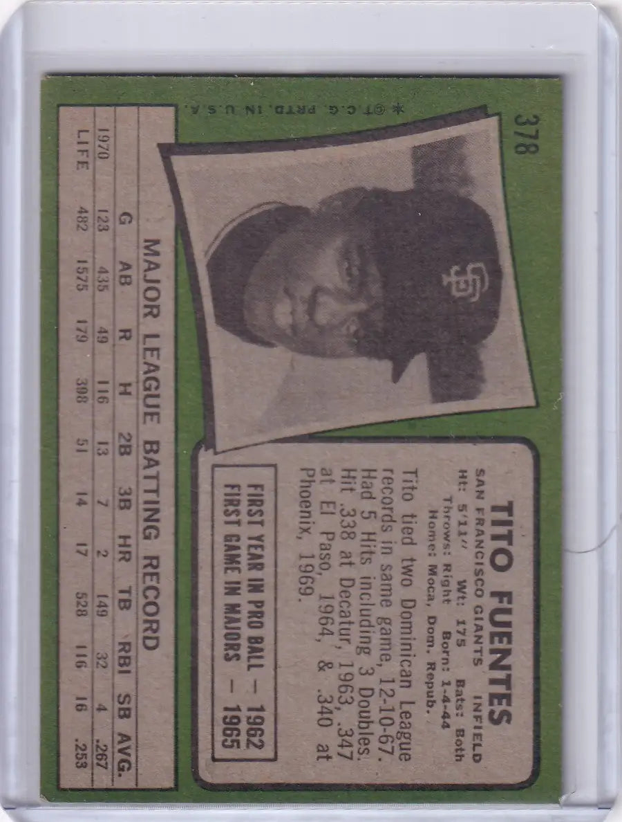 Tito Fuentes San Francisco Giants baseball card in black and white from 1971 Topps Baseball