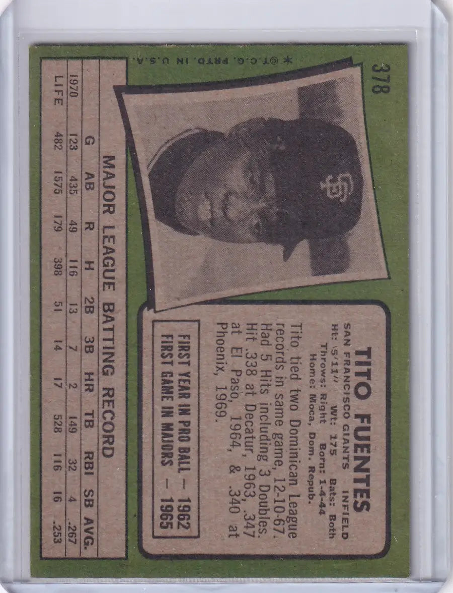 1971 Topps Baseball #378 Tito Fuentes - San Francisco Giants