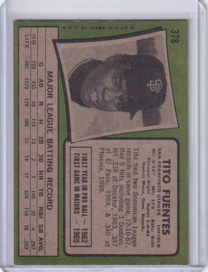 1971 Topps Baseball #378 Tito Fuentes - San Francisco Giants