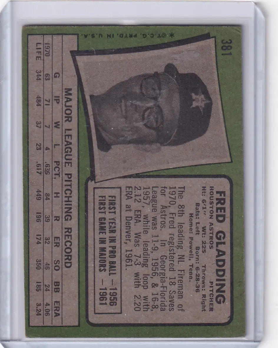 1971 Topps Baseball #381 Fred Gladding - Houston Astros