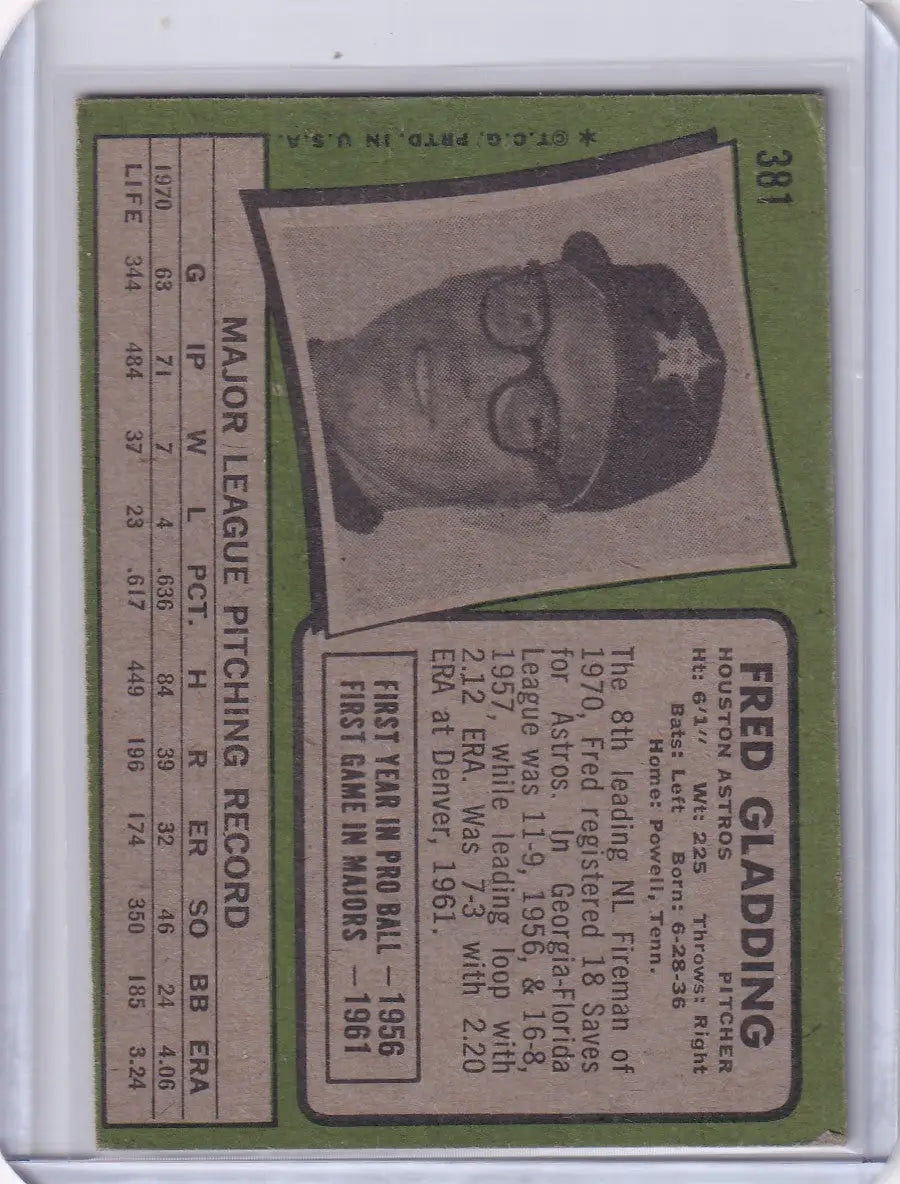 1971 Topps Baseball #381 Fred Gladding - Houston Astros