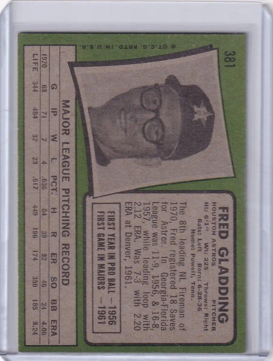 Baseball card of Fred Gladding for Topps Baseball featuring Houston Astros player