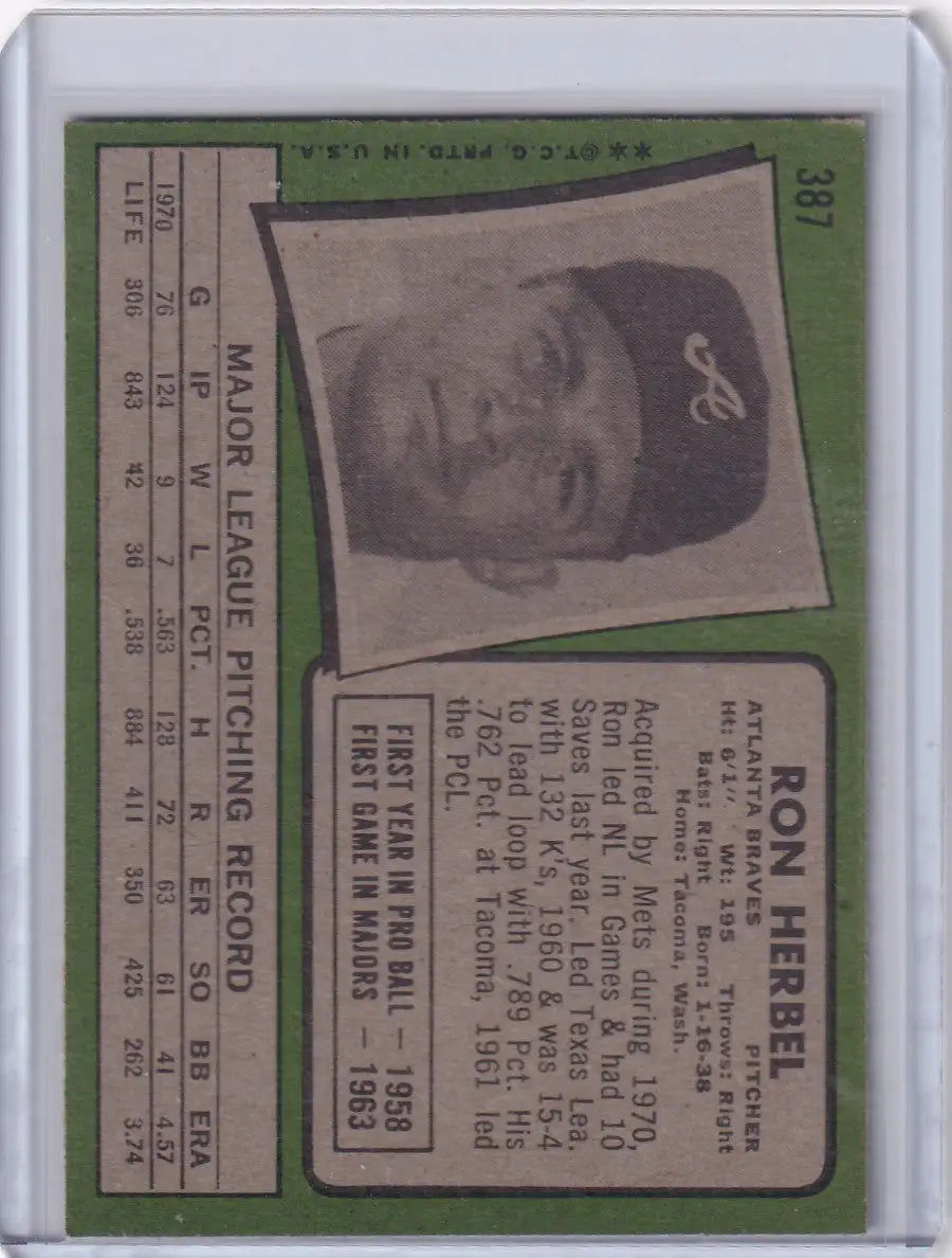 1971 Topps Baseball #387 Ron Herbel - Atlanta Braves