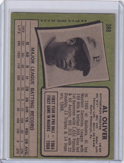 Vintage Topps Baseball card of Al Oliver Pittsburgh Pirates with portrait and career stats