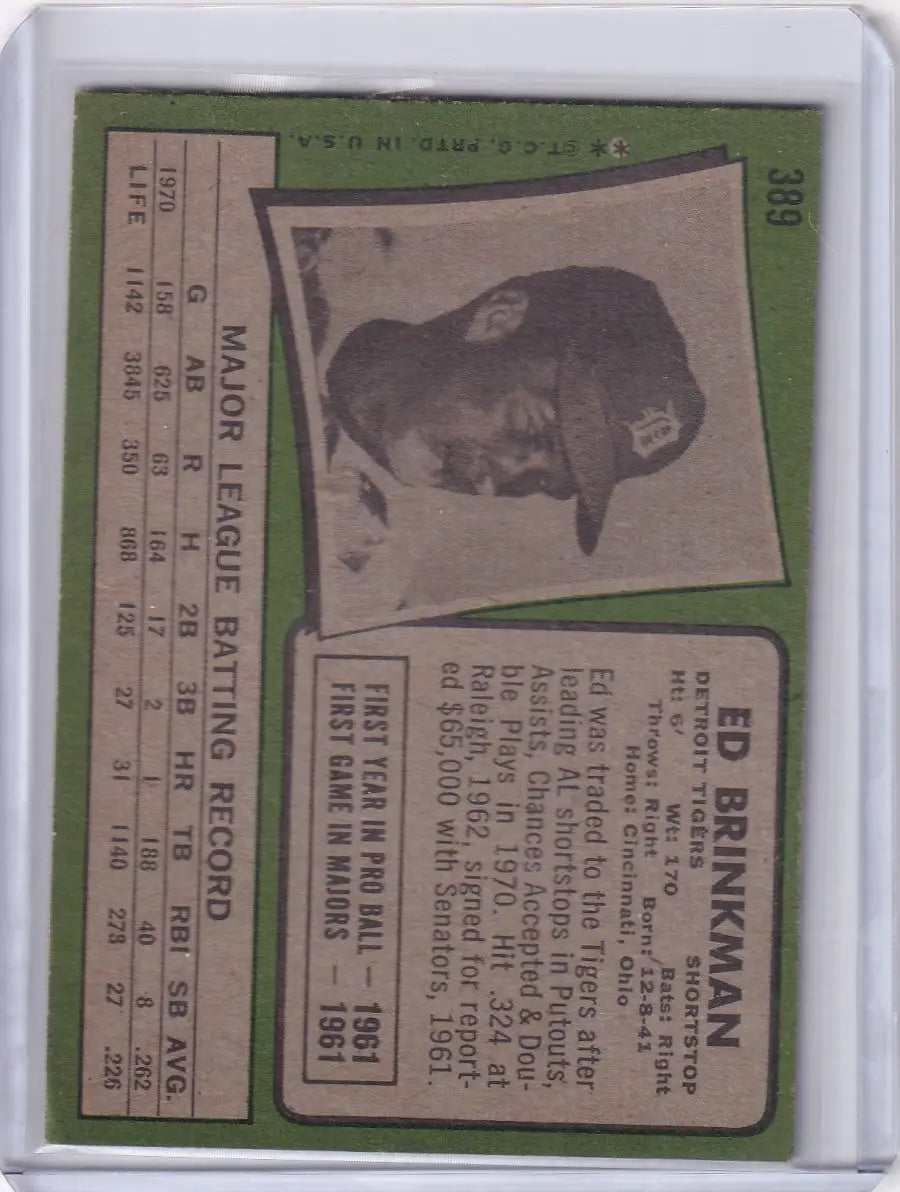 Vintage Topps Baseball card of Ed Brinkman on green background for Detroit Tigers trading cards