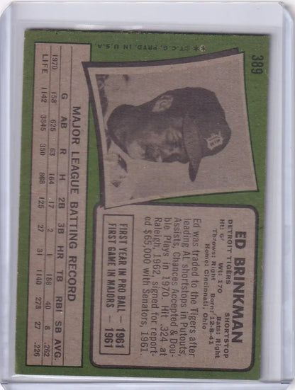 Vintage Topps Baseball card of Ed Brinkman on green background for Detroit Tigers trading cards