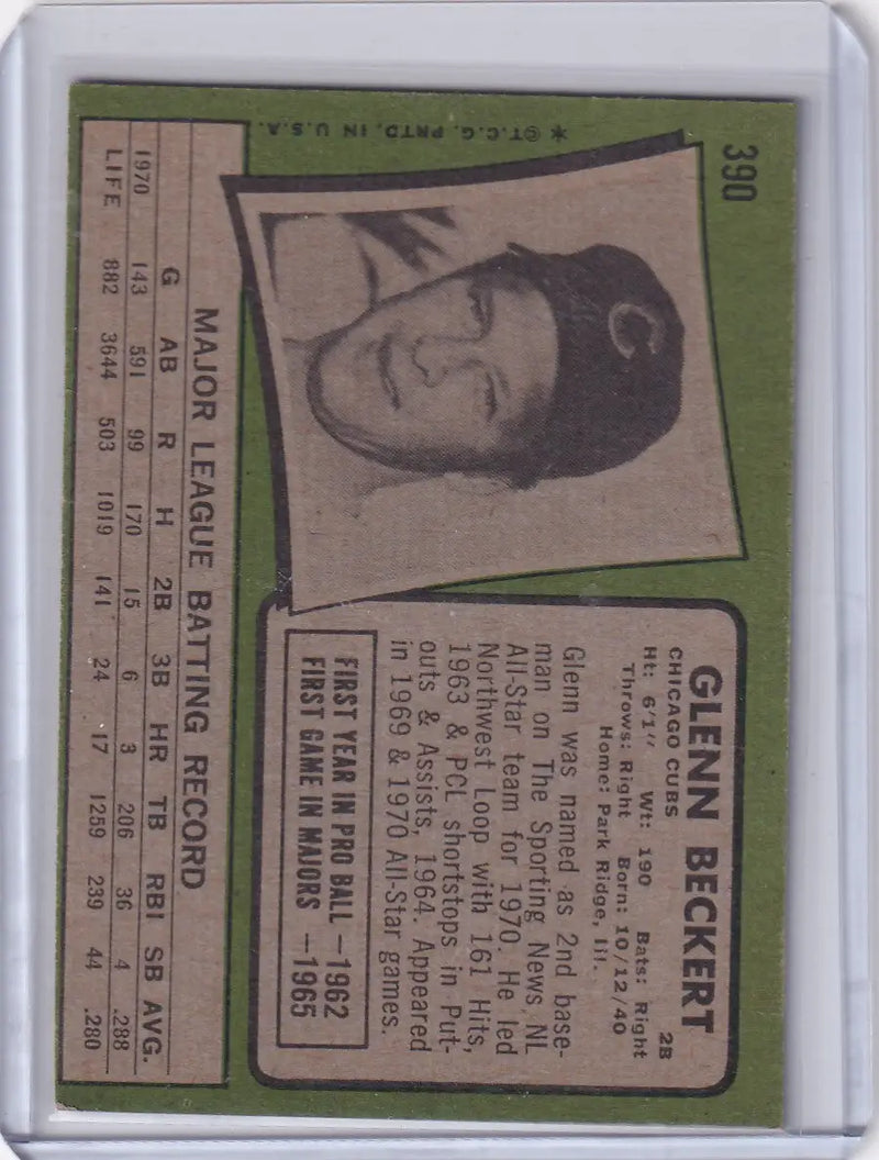 1971 Topps Baseball card of Glenn Beckert, Chicago Cubs player with stats and portrait