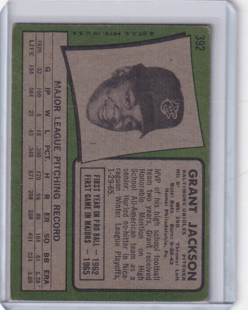 1971 Topps Baseball #392 Grant Jackson - Baltimore Orioles