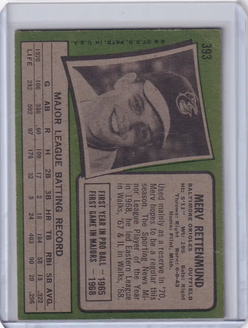 1971 Topps Baseball #393 Merv Rettenmund - Baltimore Orioles