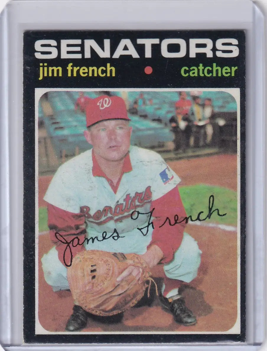 Jim French crouching in red uniform on 1971 Topps Baseball card for Washington Senators