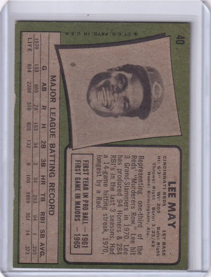 1971 Topps Baseball card of Lee May featuring Cincinnati Reds player stats