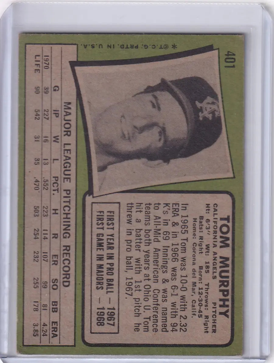 1971 Topps Baseball card of Tom Murphy in dark cap, California Angels logo displayed