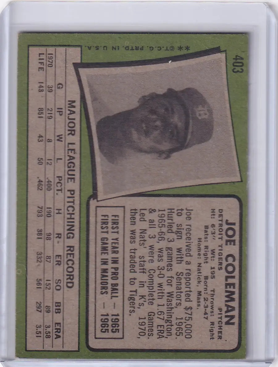 Baseball card of Joe Coleman from Topps Baseball featuring Detroit Tigers player portrait